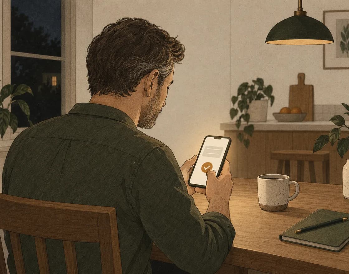Un dirigeant de TPE, le soir, qui valide d’un pouce sur son téléphone la réponse préparée par son agent